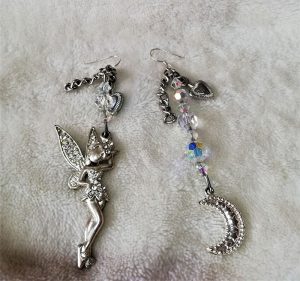 Silver 3D fairy moon and crystal earrings