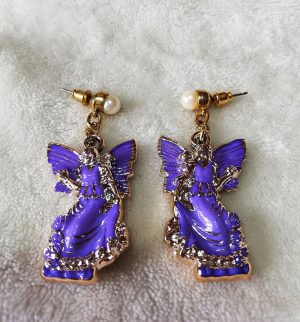 Purple and gold 3D angel and pearl stud earrings