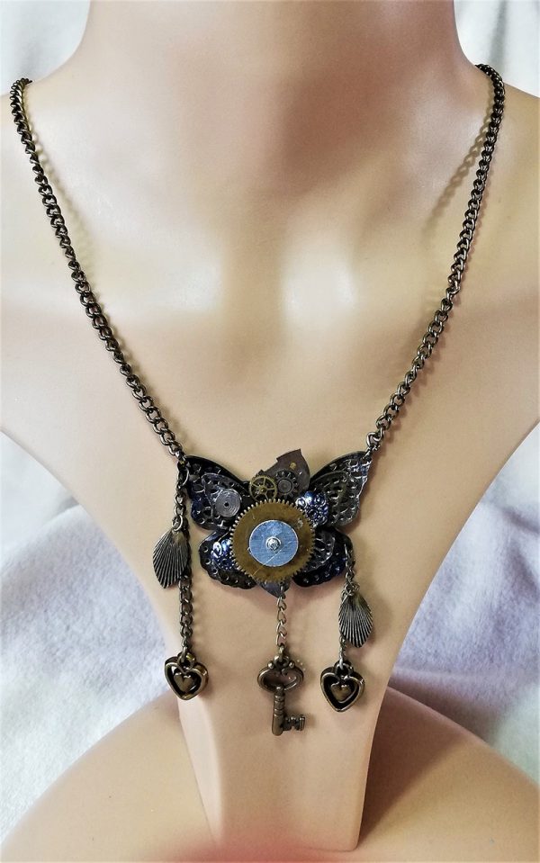 Steampunk 3D butterfly and drop charm pendant necklace