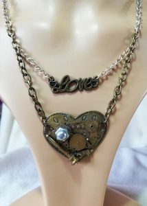 Steampunk heart and love charm necklace