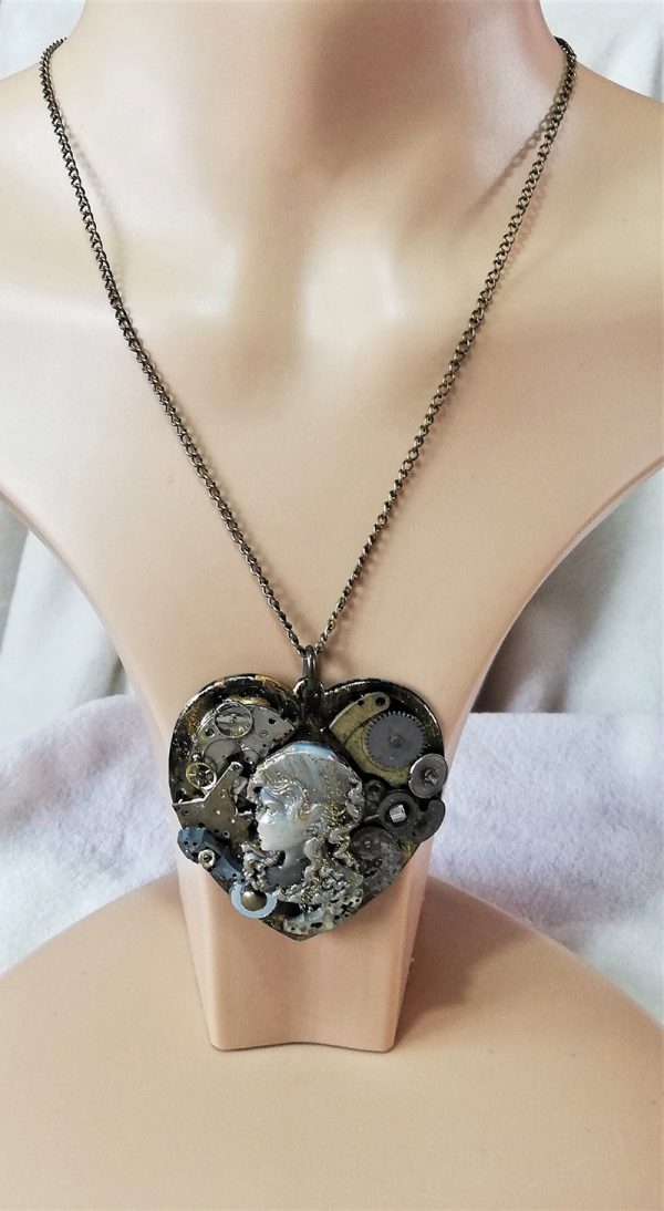 Steampunk watch part lady cameo heart pendant necklace