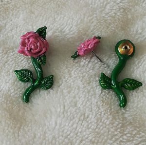 Lolita Chic 3D fake gauge pink rose stem earrings