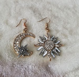 Fantasy nouveau gold and silver jewelled moon and sun earrings